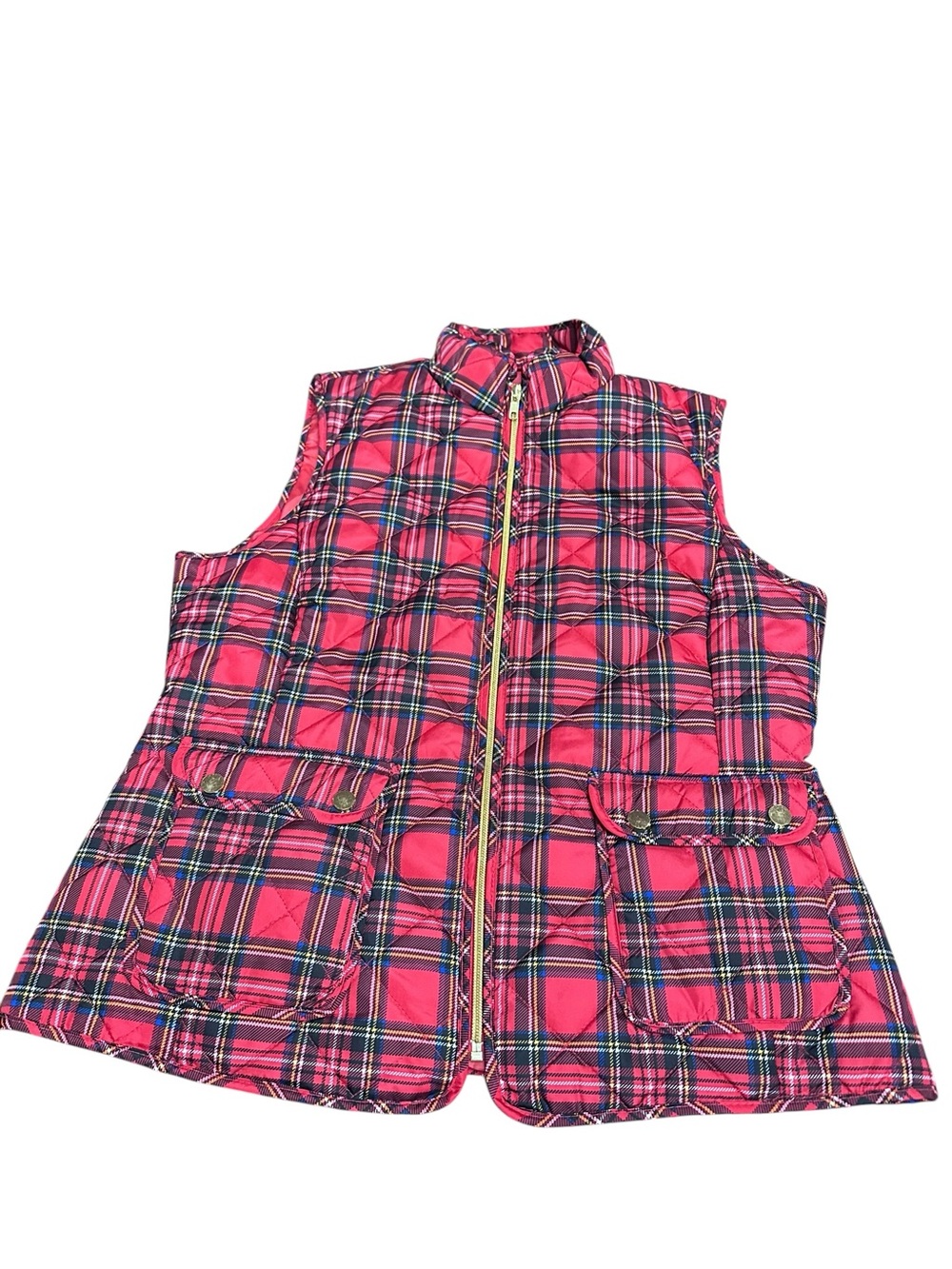 St. John’s Bay Red Plaid Quilted Vest Women’s Medium with gold zipper & buttons